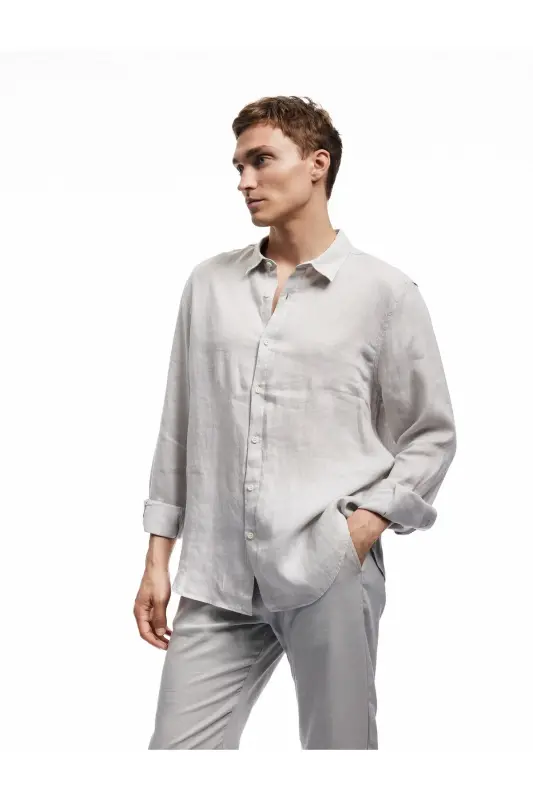 Classic Collar Regular Fit Long Sleeve Linen Shirt-Gray - 1