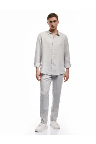 Classic Collar Regular Fit Long Sleeve Linen Shirt-Gray - 2