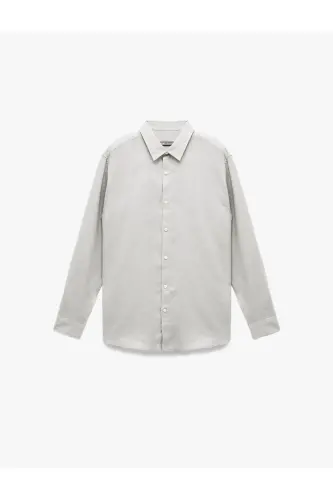 Classic Collar Regular Fit Long Sleeve Linen Shirt-Gray - 3