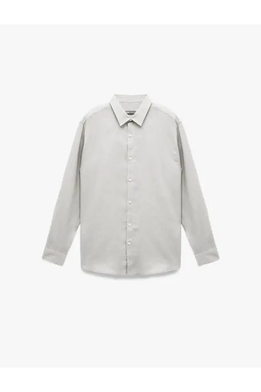 Classic Collar Regular Fit Long Sleeve Linen Shirt-Gray - 3