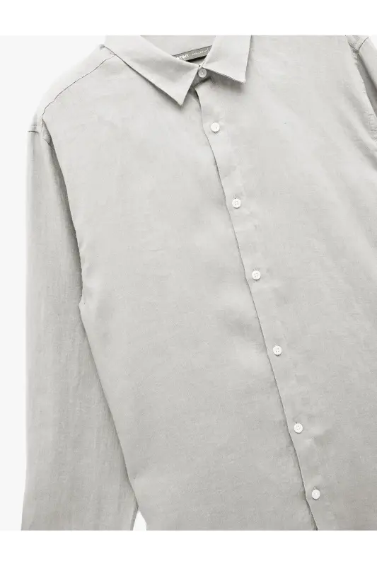 Classic Collar Regular Fit Long Sleeve Linen Shirt-Gray - 5