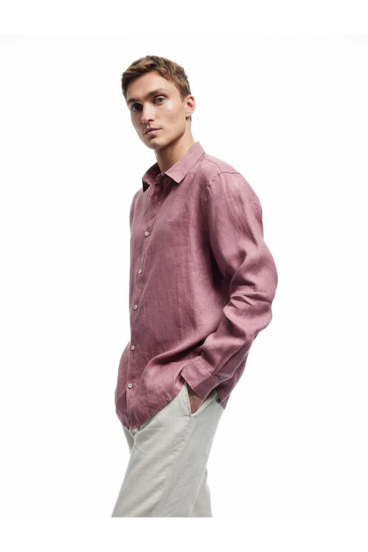 Classic Collar Regular Fit Long Sleeve Linen Shirt-Gü - KOTON
