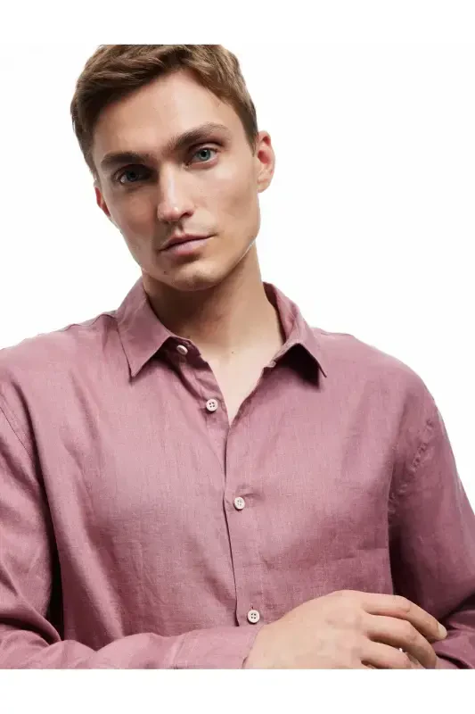 Classic Collar Regular Fit Long Sleeve Linen Shirt-Gü - 3