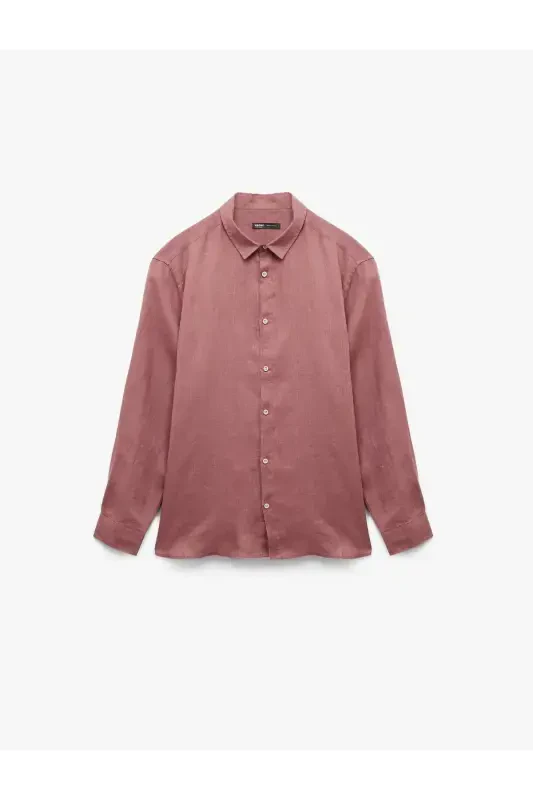 Classic Collar Regular Fit Long Sleeve Linen Shirt-Gü - 4