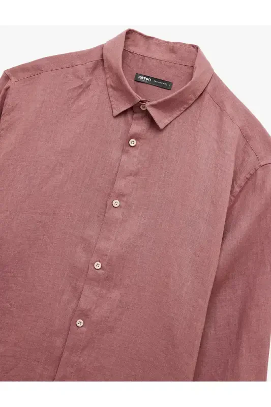 Classic Collar Regular Fit Long Sleeve Linen Shirt-Gü - 6