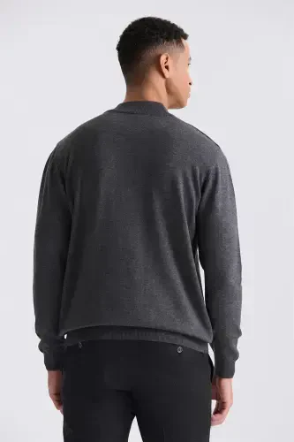Classic Fit Charcoal Patterned Mock Neck Sweater - 4