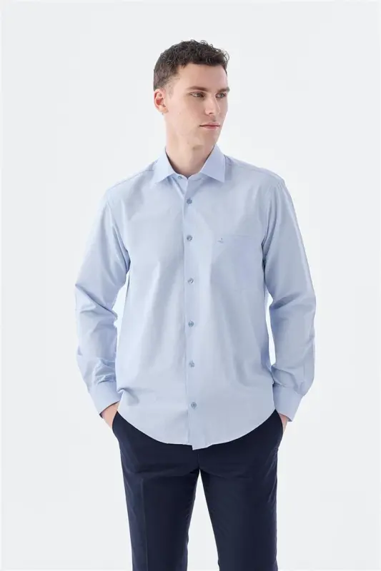 Classic Fit Italian Collar Long Sleeve Classic Dress Shirt Easy Iron Cotton Blue - JAKAMEN