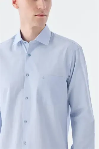 Classic Fit Italian Collar Long Sleeve Classic Dress Shirt Easy Iron Cotton Blue - 3