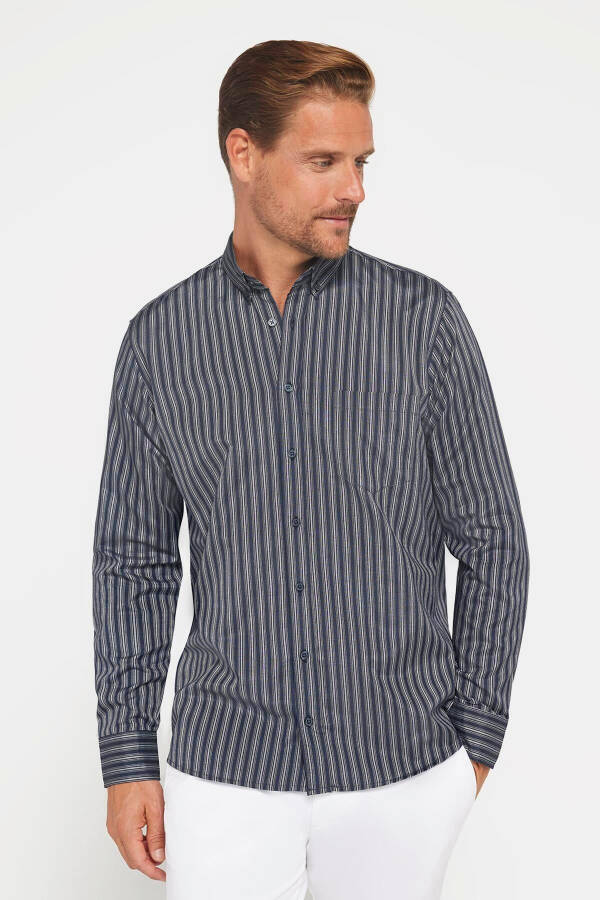 Classic Fit Long Sleeve Button Down Collar Cotton Easy Iron Striped Men's Shirt - 6