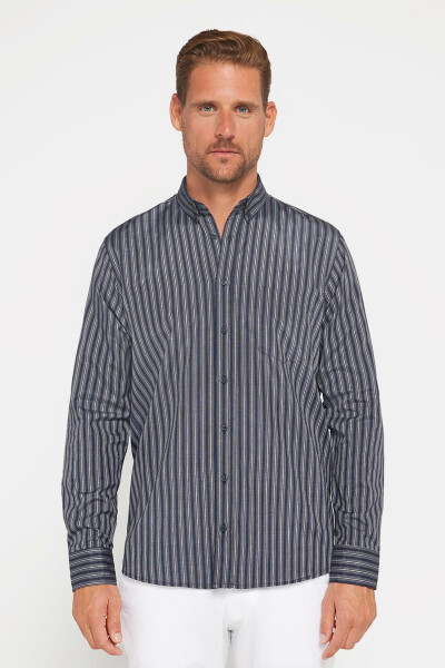 Classic Fit Long Sleeve Button Down Collar Cotton Easy Iron Striped Men's Shirt - 2