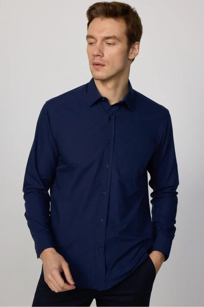 Classic Fit Long Sleeve Cotton Easy Iron Plain Navy Blue Men's Shirt - TUDORS
