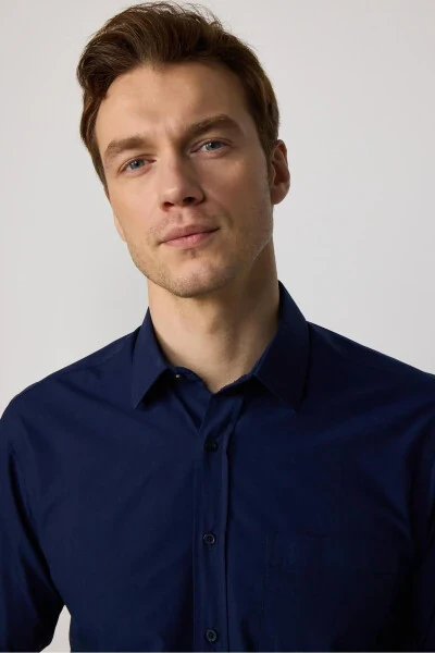 Classic Fit Long Sleeve Cotton Easy Iron Plain Navy Blue Men's Shirt - TUDORS (1)