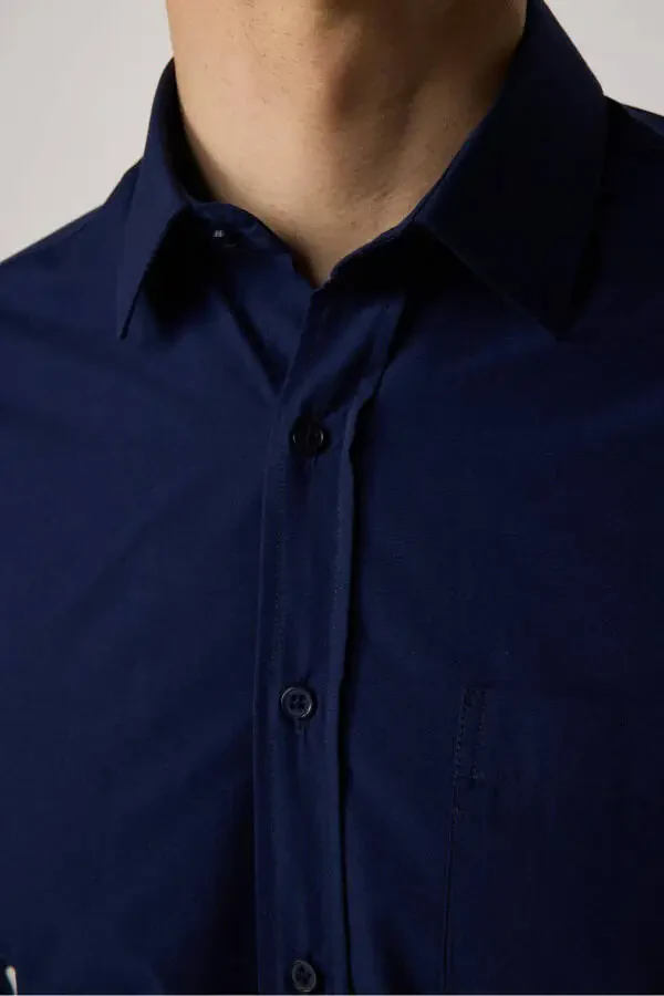Classic Fit Long Sleeve Cotton Easy Iron Plain Navy Blue Men's Shirt - 3