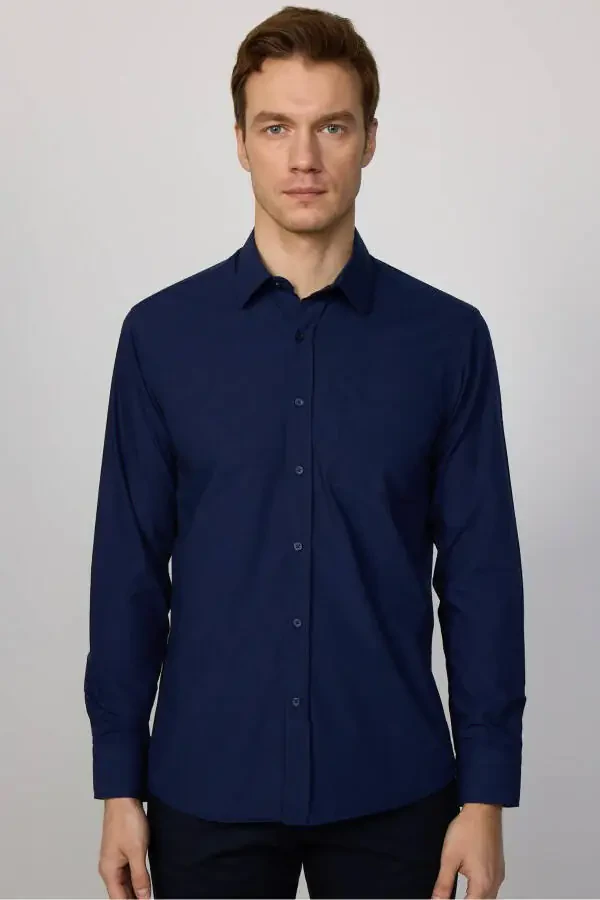Classic Fit Long Sleeve Cotton Easy Iron Plain Navy Blue Men's Shirt - 4
