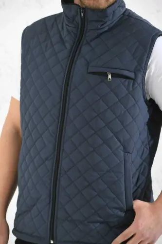 Classic Fit Quilted Padded Vest Fleece Lined Grandpa Vest-Navy Blue - 2