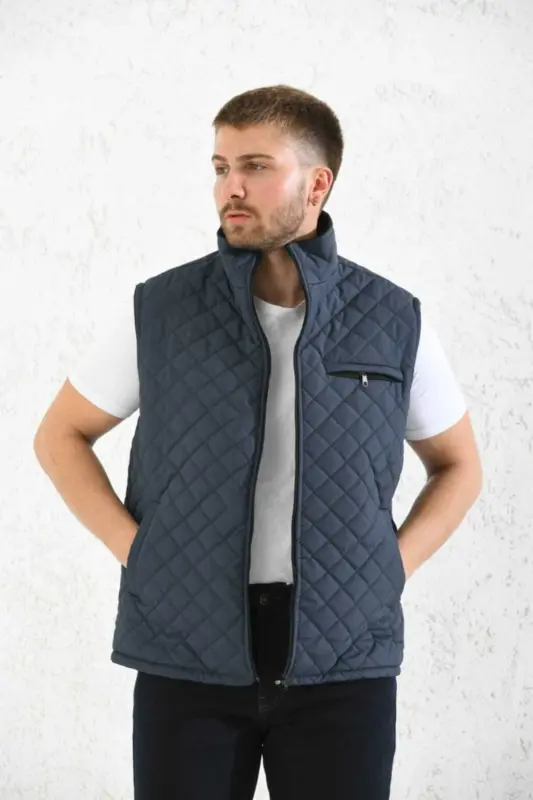 Classic Fit Quilted Padded Vest Fleece Lined Grandpa Vest-Navy Blue - 4