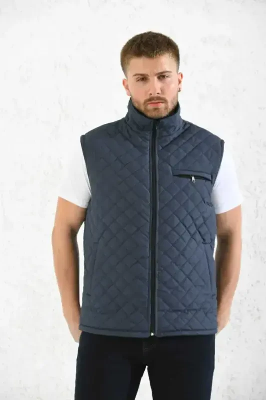 Classic Fit Quilted Padded Vest Fleece Lined Grandpa Vest-Navy Blue - 1
