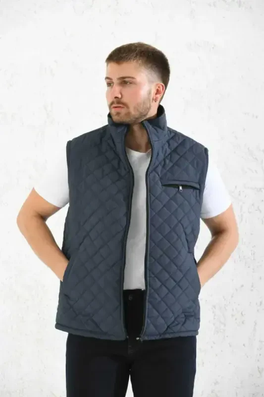 Classic Fit Quilted Padded Vest Fleece Lined Grandpa Vest-Navy Blue - 4