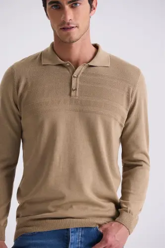 Classic Fit tugmachali bej rangli triko polo futbolka - 3