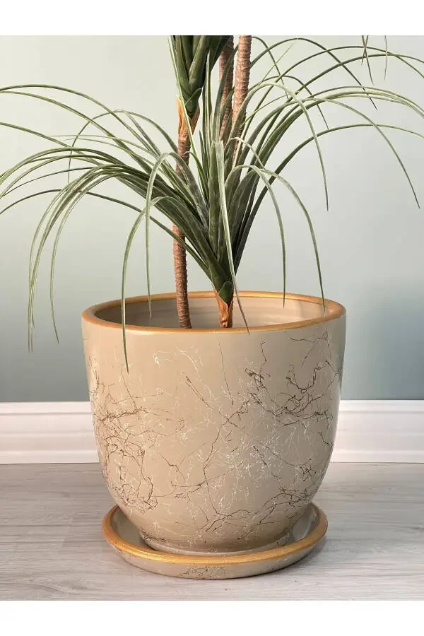 Classic Flower Pot with Saucer 25cmx23cm Lily Stone White Gold - 2