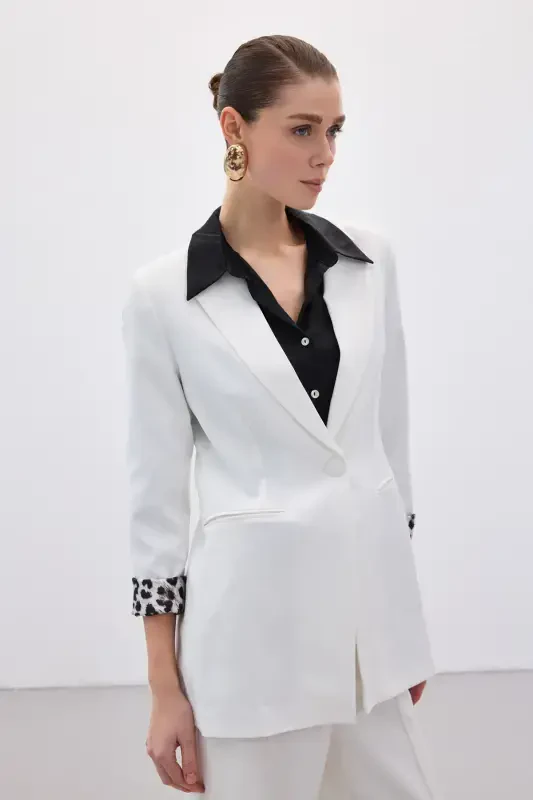 Classic Jacket with Monochromatic Collar - Ecru - 4