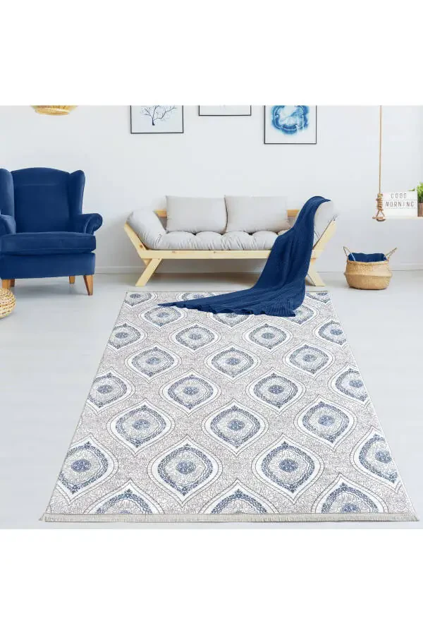 Classic Pattern Blue Washable Non-slip Base All Season Living Room Bathroom Balcony Children's Room Cut Runner - 1