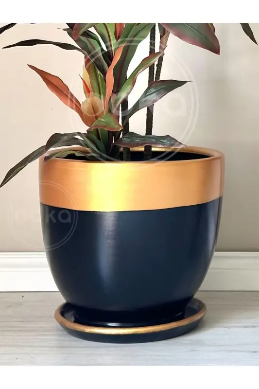 Classic Plant Pot with Saucer Diameter: 30cm X Height: 30cm Black Gold - Black-Gold - 3