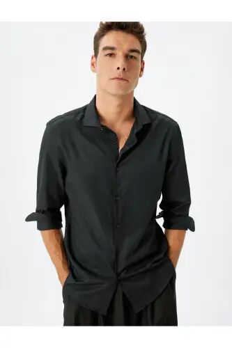 Classic Shirt Slim Fit Long Sleeve Half Italian Collar Cotton Blend - Black - 1
