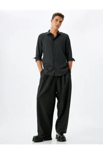 Classic Shirt Slim Fit Long Sleeve Half Italian Collar Cotton Blend - Black - 2