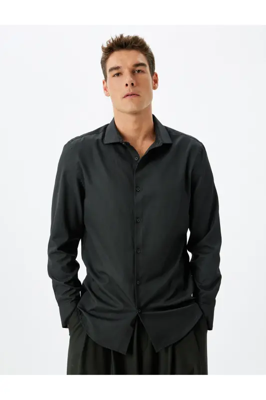 Classic Shirt Slim Fit Long Sleeve Half Italian Collar Cotton Blend - Black - 3
