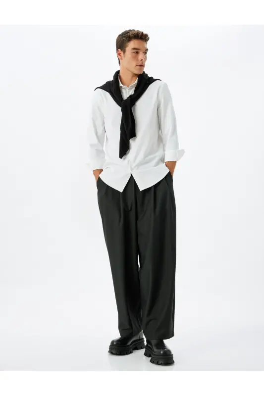 Classic Shirt Slim Fit Long Sleeve Half Italian Collar Cotton Blend - White - 2
