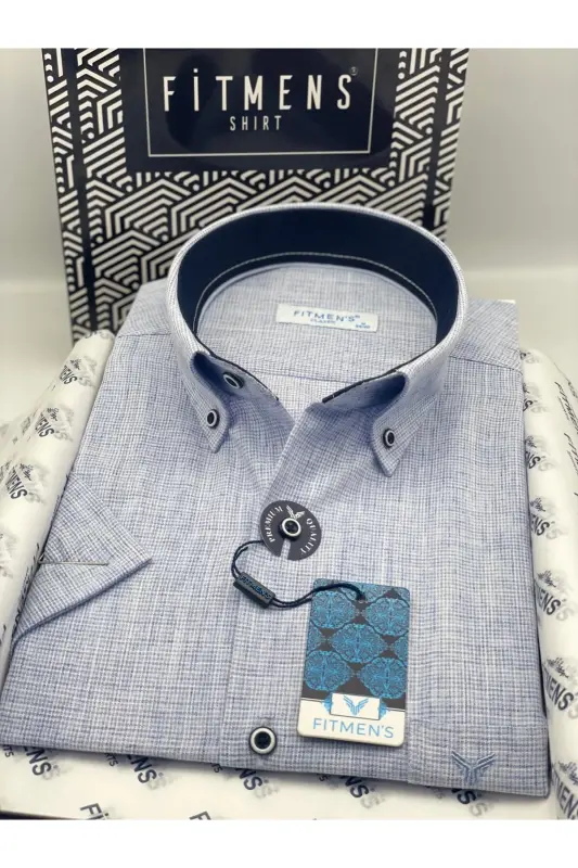 Classic Short Sleeve Linen Collar Buttoned Gift Boxed Men's Shirt Fs-003626 - Blue-Blue - 8