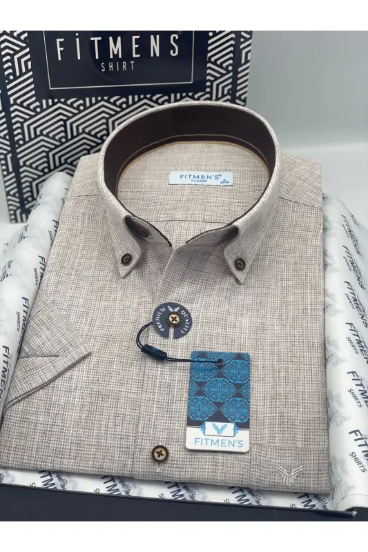 Classic Short Sleeve Linen Collar Buttoned Gift Boxed Men's Shirt FS-003626 - Brown-Brown - 2