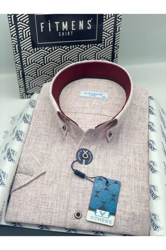 Classic Short Sleeve Linen Collar Buttoned Gift Boxed Men's Shirt Fs-003626 - Claret Red-Claret Red - FITMENS