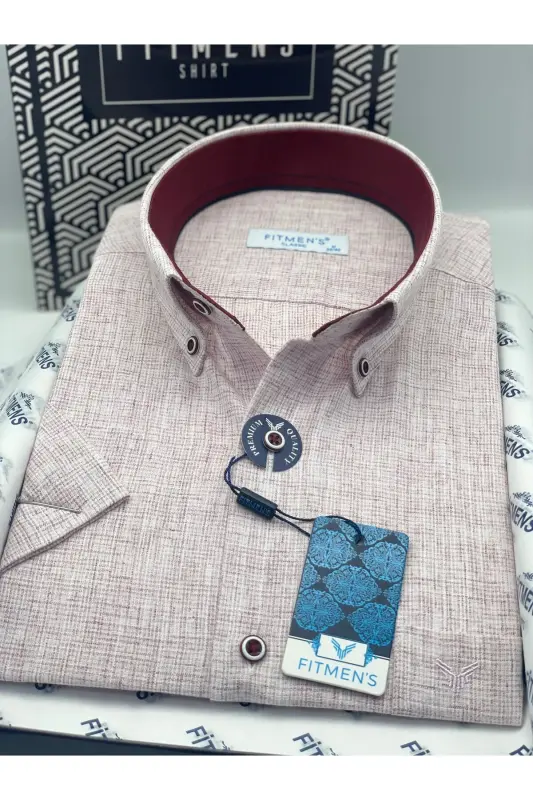 Classic Short Sleeve Linen Collar Buttoned Gift Boxed Men's Shirt Fs-003626 - Claret Red-Claret Red - 3