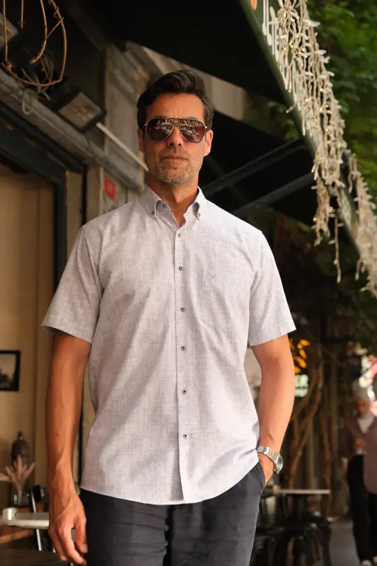 Classic Short Sleeve Linen Collar Buttoned Gift Boxed Men's Shirt Fs-003626 - Gray - 1
