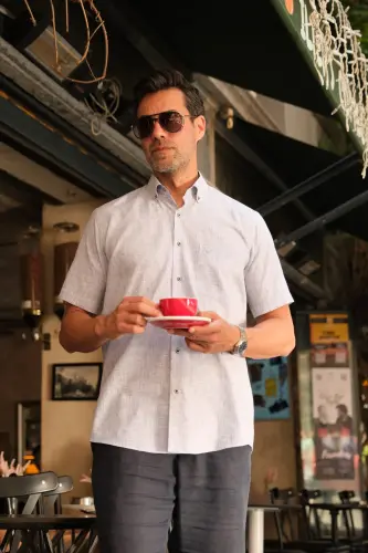 Classic Short Sleeve Linen Collar Buttoned Gift Boxed Men's Shirt Fs-003626 - Gray - 3