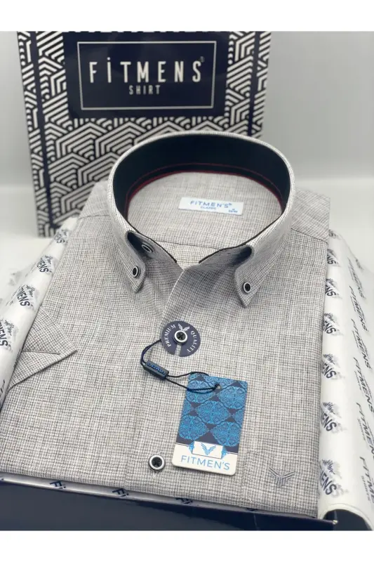 Classic Short Sleeve Linen Collar Buttoned Gift Boxed Men's Shirt Fs-003626 - Gray - 8