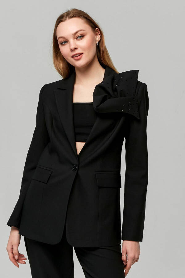 Classic Women's Jacket with Rose Brooch on the Shoulder BLACK - 9