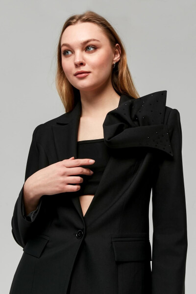 Classic Women's Jacket with Rose Brooch on the Shoulder BLACK - 10