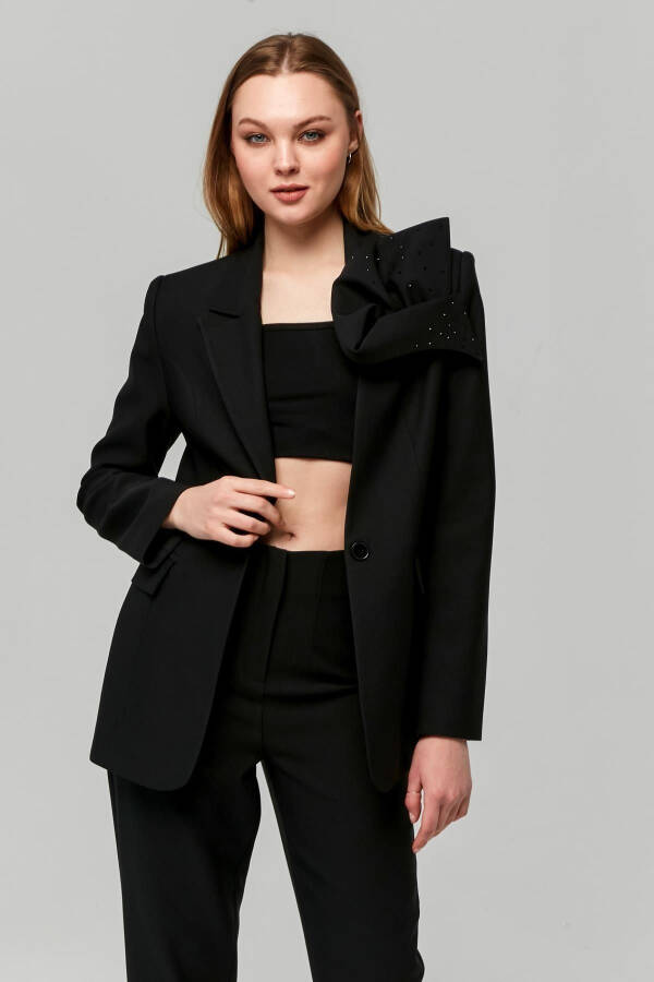 Classic Women's Jacket with Rose Brooch on the Shoulder BLACK - 11