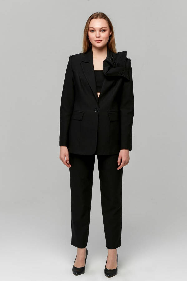 Classic Women's Jacket with Rose Brooch on the Shoulder BLACK - 13