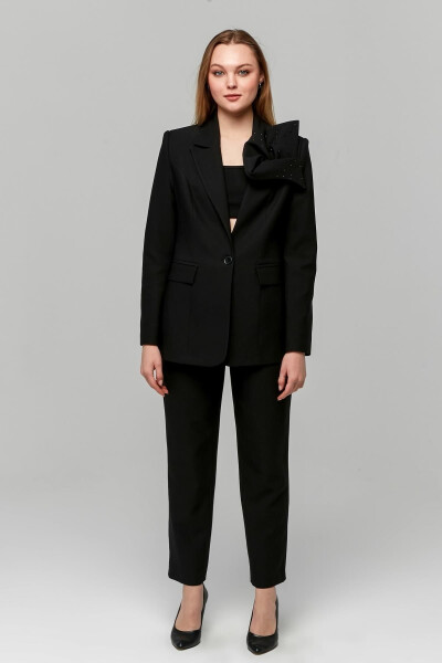 Classic Women's Jacket with Rose Brooch on the Shoulder BLACK - 6