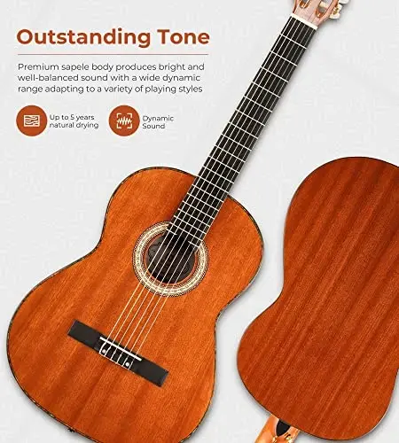 Classical Guitar 4/4, 39 Inch Full Size Nylon String Guitar for Beginner Adults, Guitar Bundle with Gig Bag & Footstool, Sapele Brown, by Vangoa - 2
