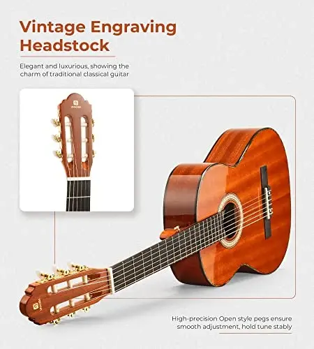Classical Guitar 4/4, 39 Inch Full Size Nylon String Guitar for Beginner Adults, Guitar Bundle with Gig Bag & Footstool, Sapele Brown, by Vangoa - 4