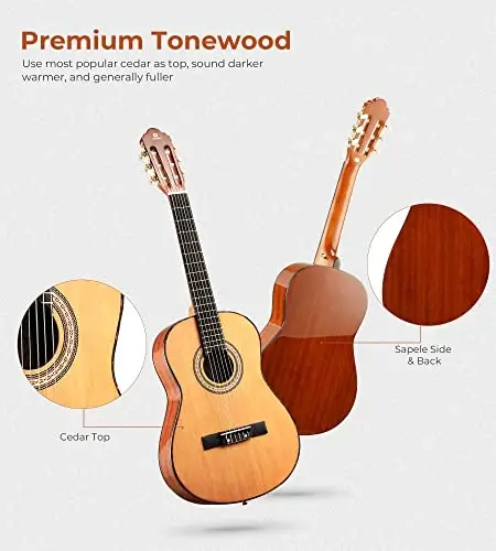 Classical Guitar Full Size 4/4 Spanish Style Classical Guitarra, 39 Inch Nylon Strings Guitar Ideal for Beginner Adults, Solid Cedar Top, by Vangoa - VANGOA (1)