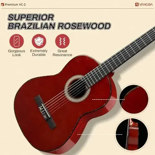 Classical Guitar Full Size 4/4 Spanish Style Classical Guitarra, 39 Inch Nylon Strings Guitar Ideal for Beginner Adults, Solid Rosewood Red, by Vangoa - 2