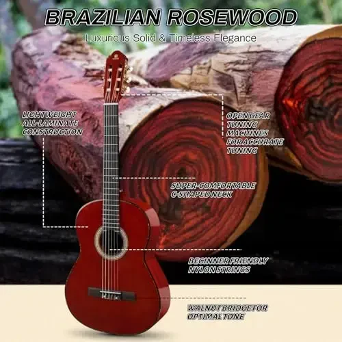 Classical Guitar Full Size 4/4 Spanish Style Classical Guitarra, 39 Inch Nylon Strings Guitar Ideal for Beginner Adults, Solid Rosewood Red, by Vangoa - 5