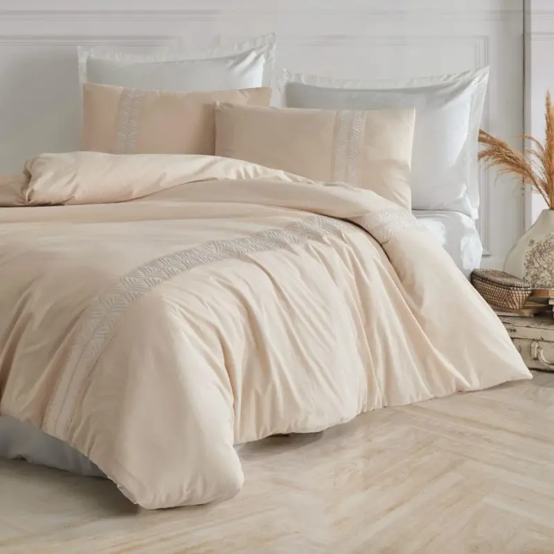Clasy Borderline Double Size Ranforce Bed Sheet Set Olerin V1 Beige - NEVRESIMDUNYASI