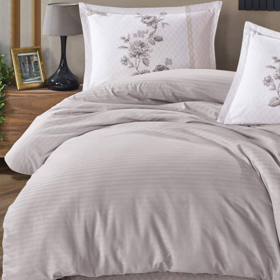 Clasy Boutique Series Striped Ranforce Double Bed Duvet Set Suave v6 Light Grey - 5